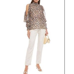 MAJE Cold-Shoulder Printed Metallic Fil Coupé Top Long Sleeve Ruffle Blouse Sz 3